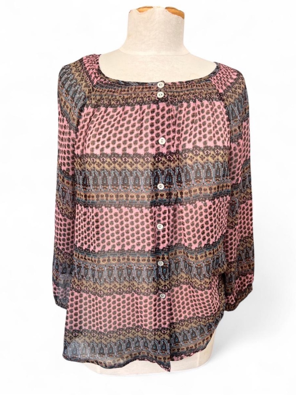 Sundance 100% Silk Paisley Smocked Blouse Pink Boho Sheer Button Front S